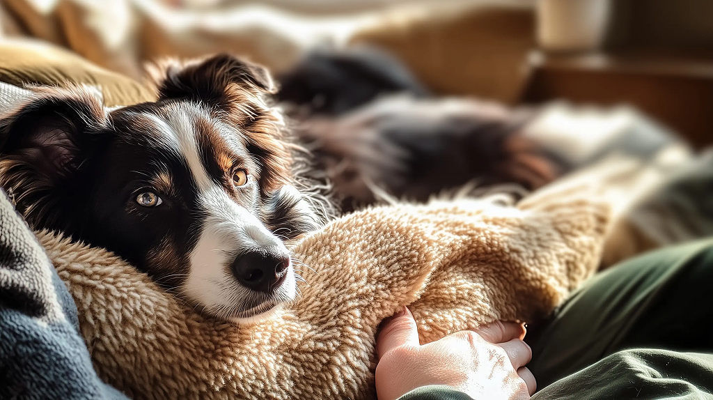 A black and white Border Collie rests on a soft blanket, gazing calmly while its owner’s hand offers comfort nearby.