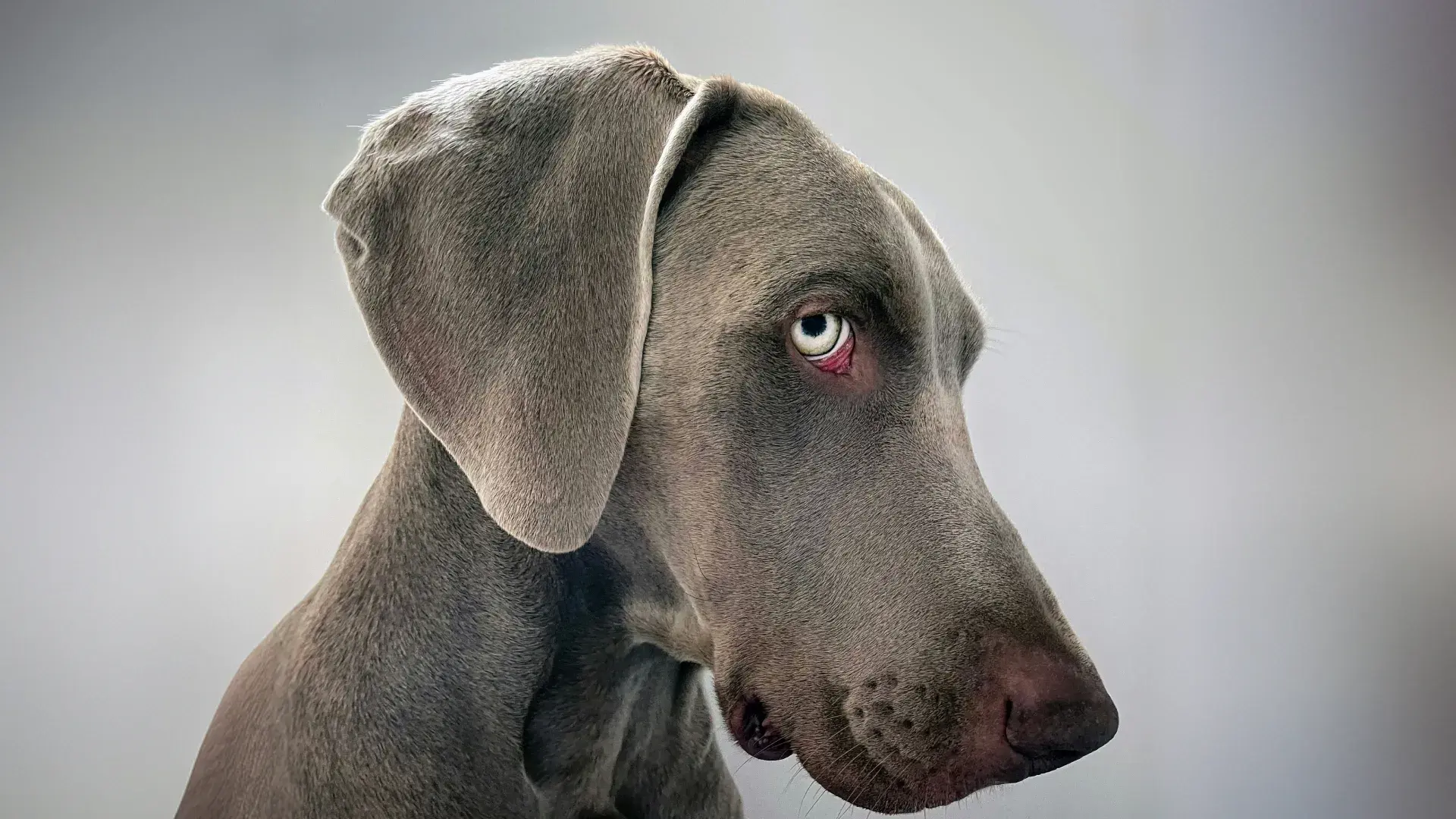 A close-up side profile of a silver-grey Weimaraner dog against a neutral background. The dog is looking back, showing a "whale eye" (the white part of the eye), which is a common sign of stress or anxiety in canine body language.
