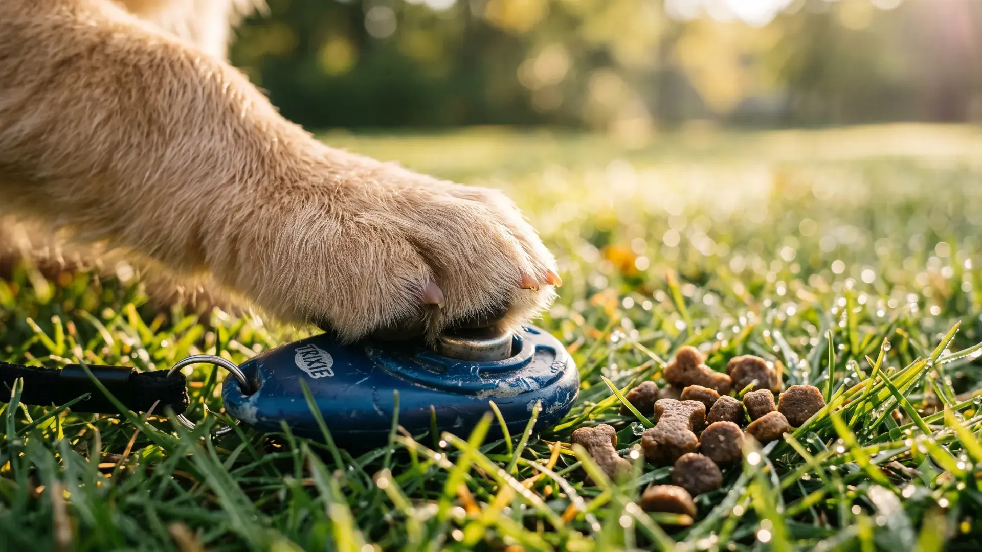 Golden puppy paw on training clicker