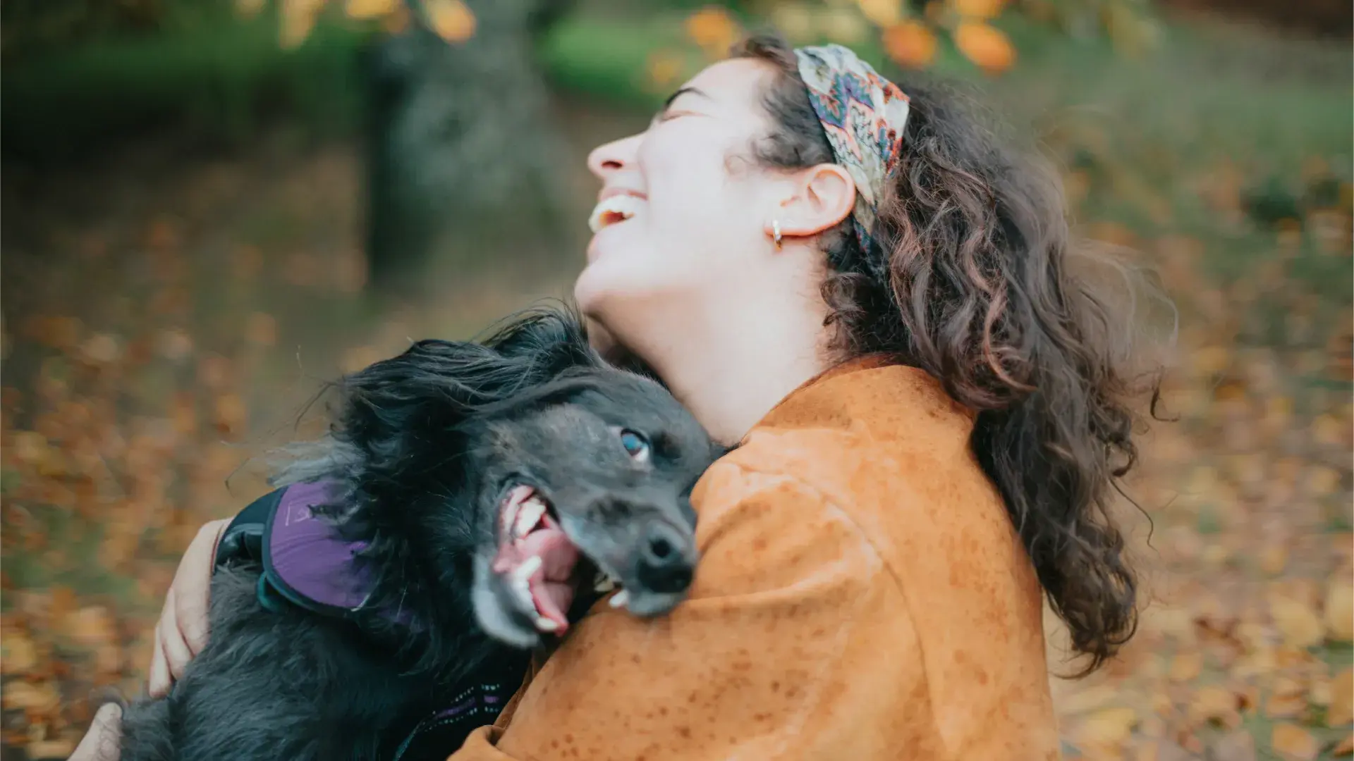 A joyful young woman with curly hair laughs as she pulls her black dog into a close hug outdoors. The dog has its mouth open in a "smile," capturing a heartwarming moment of bonding and affection against a soft-focus autumn background.