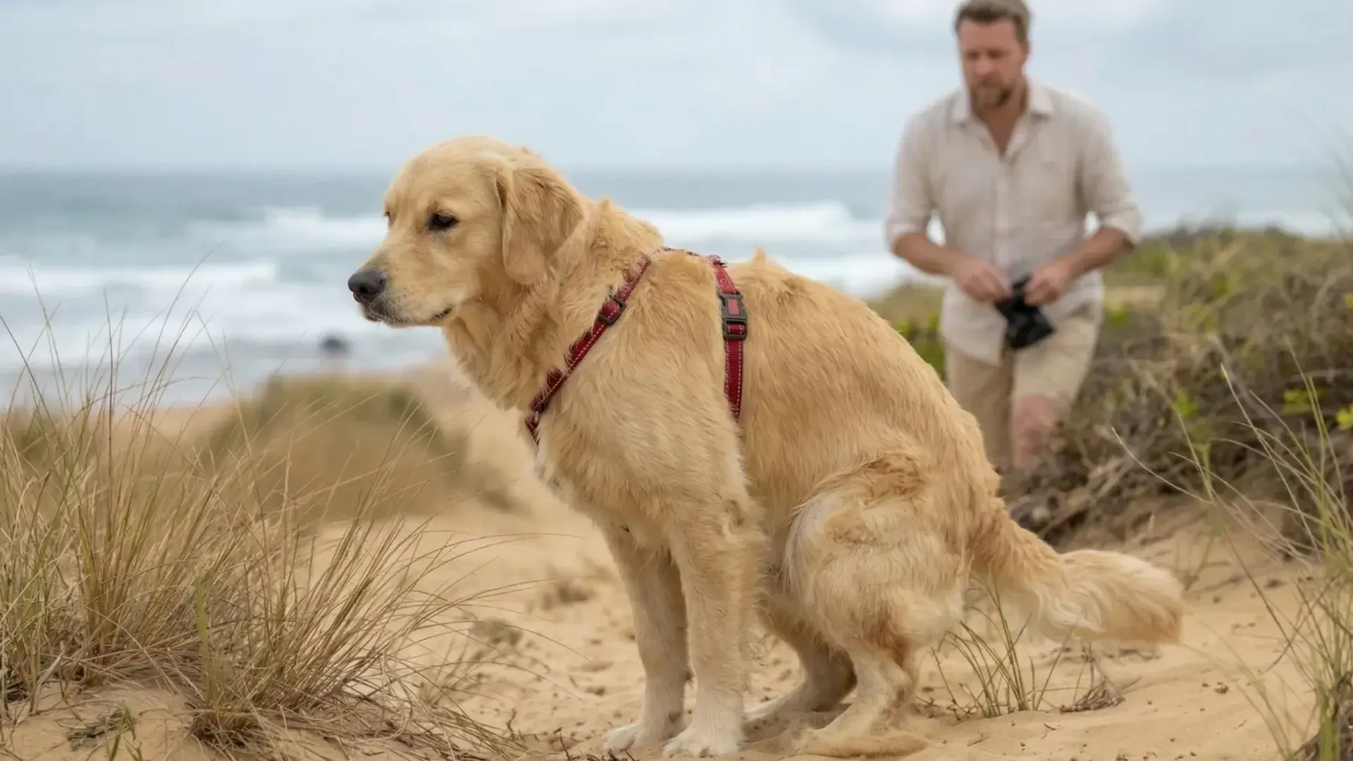 A golden retriever with a red harness is in a squatting position on a sandy beach, mimicking the posture of a dog about to poop. The dog has a neutral expression, looking slightly to the side against a background of coastal dunes and a cloudy sky.