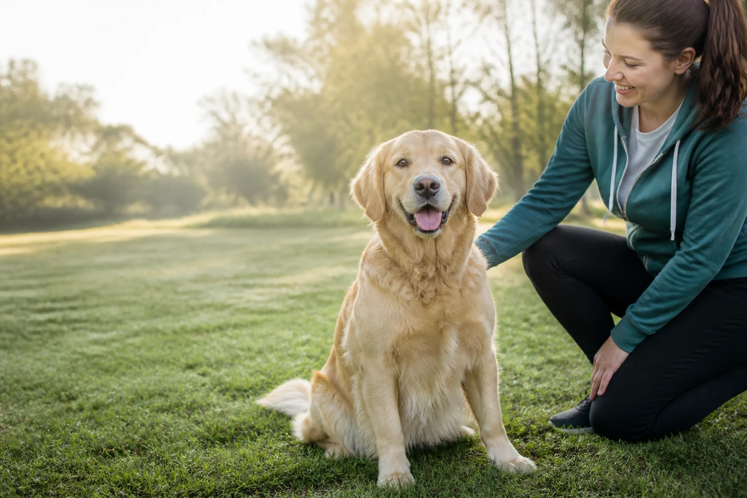 Owner kneeling in a park, rewarding a disengaged dog with a treat to rebuild motivation