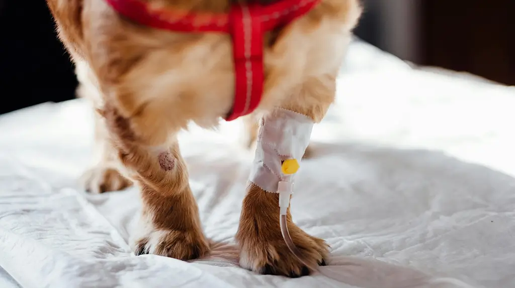 Close-up of a dog’s front legs, one fitted with an IV catheter secured by white bandages while the dog wears a red harness.