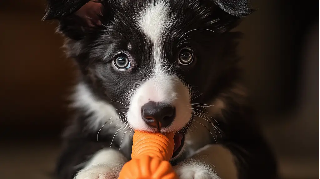 A black and white Border Collie puppy playfully chews on an orange rubber toy indoors, staring directly at the camera with bright, curious eyes.