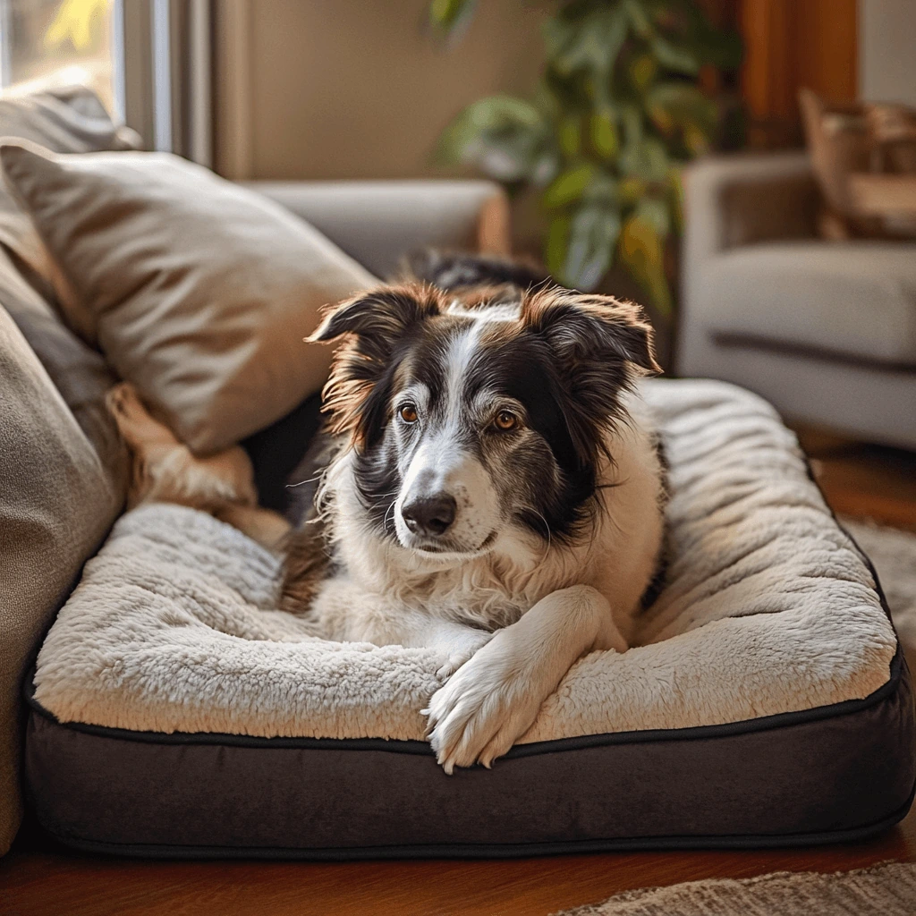 A black and white Border Collie lies comfortably on a soft, plush dog bed inside a living room with warm natural light