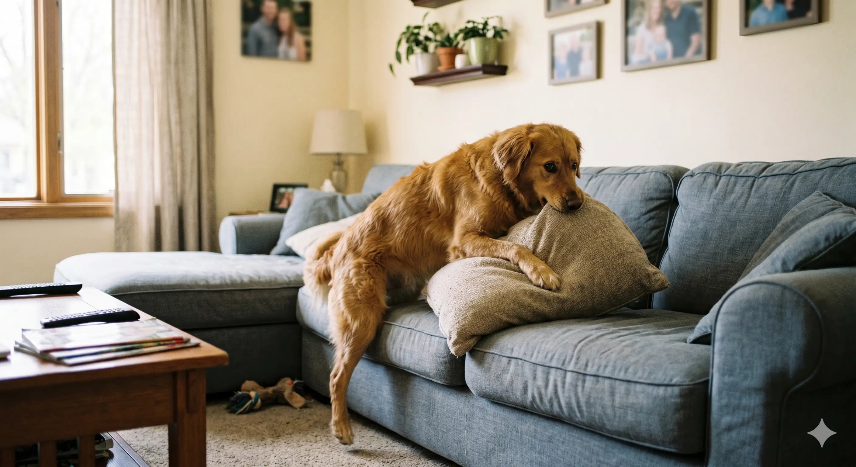 A golden retriever mix dog is standing on its hind legs on the floor, caught in the act of mounting and humping a beige throw pillow on a blue fabric sectional sofa in a living room. The dog has its front paws on the pillow and is looking back over its shoulder. In the background are family photos, houseplants, and a window with natural light. The foreground shows a wooden coffee table with magazines and remotes.