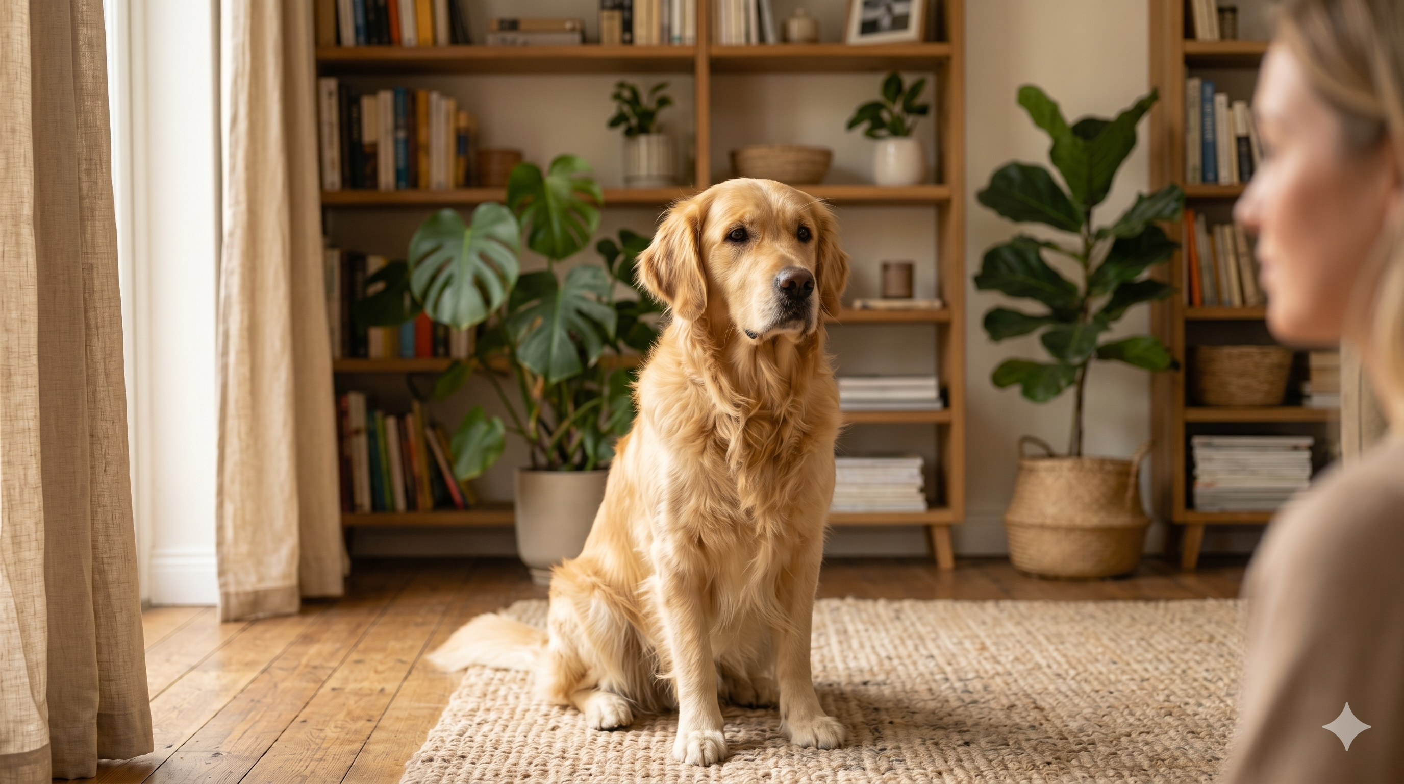 Golden retriever relaxing near owner's hand