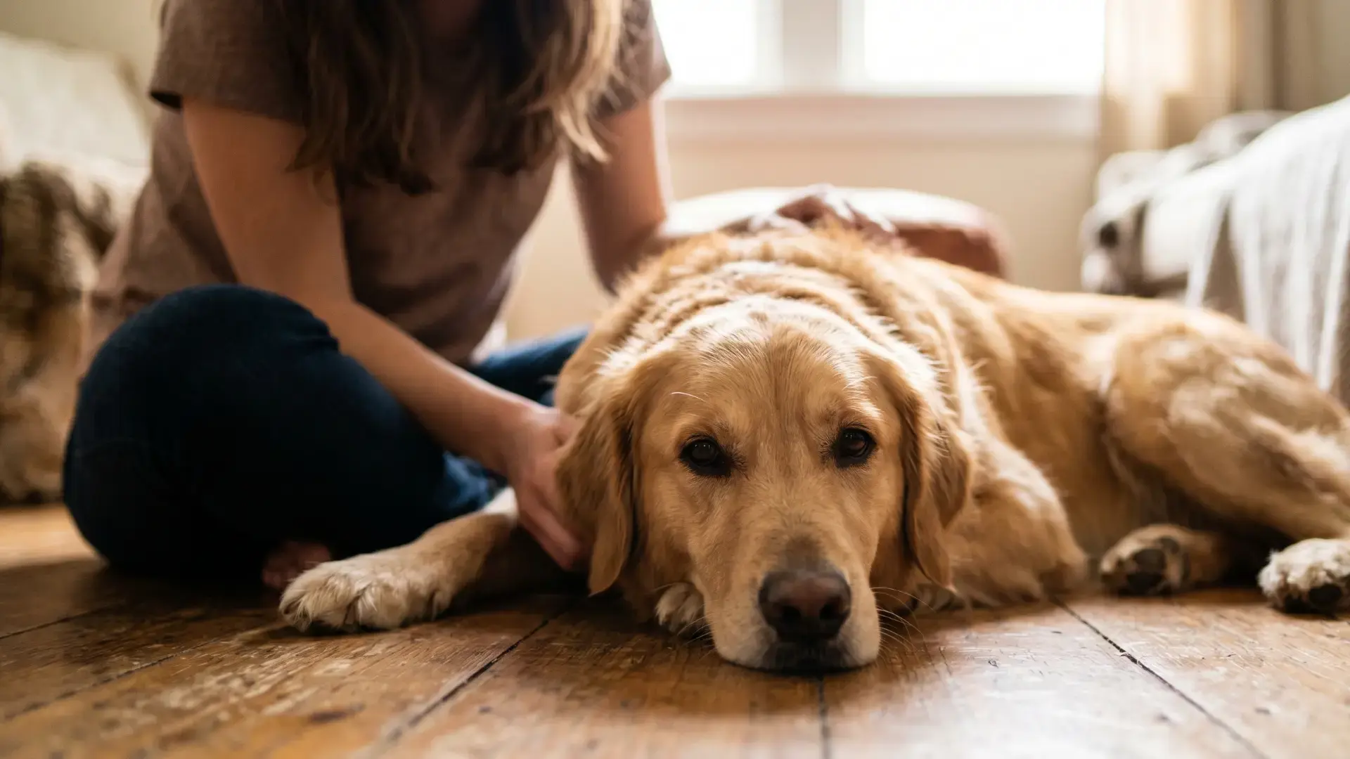 Person petting golden retriever on floor