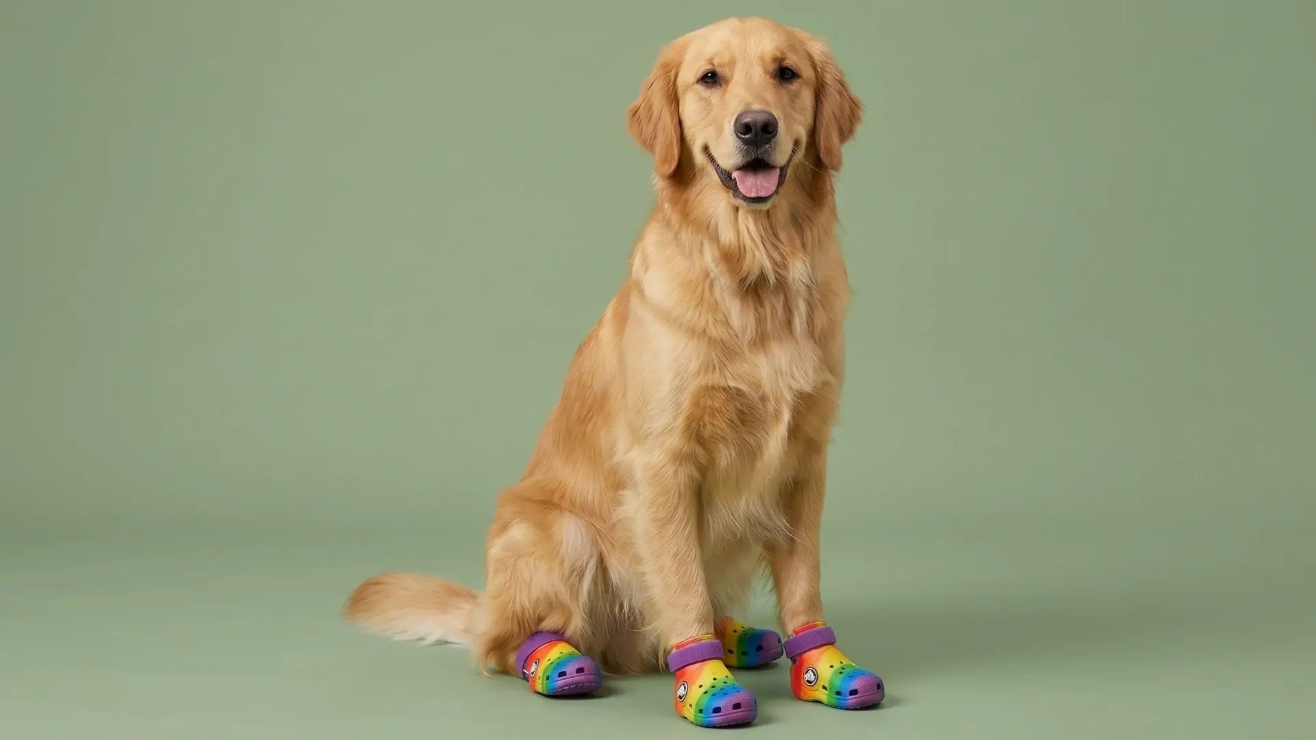Golden retriever wearing colorful dog crocs`