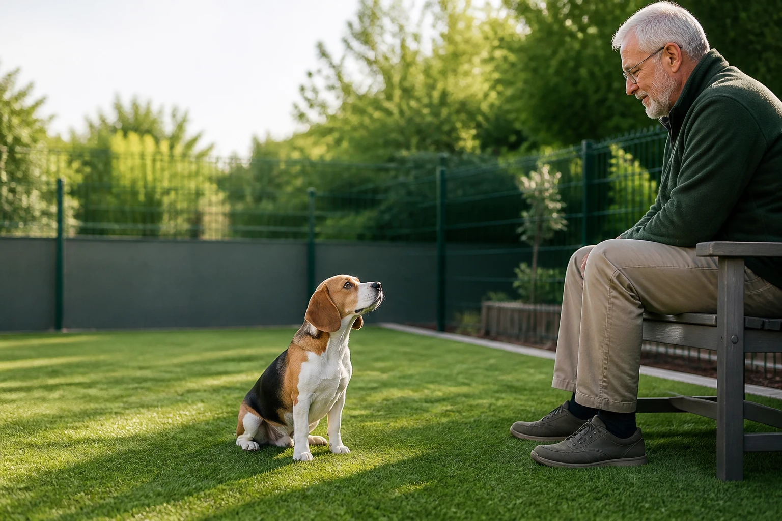 A dog lying calmly on a mat looking relaxed and settled
