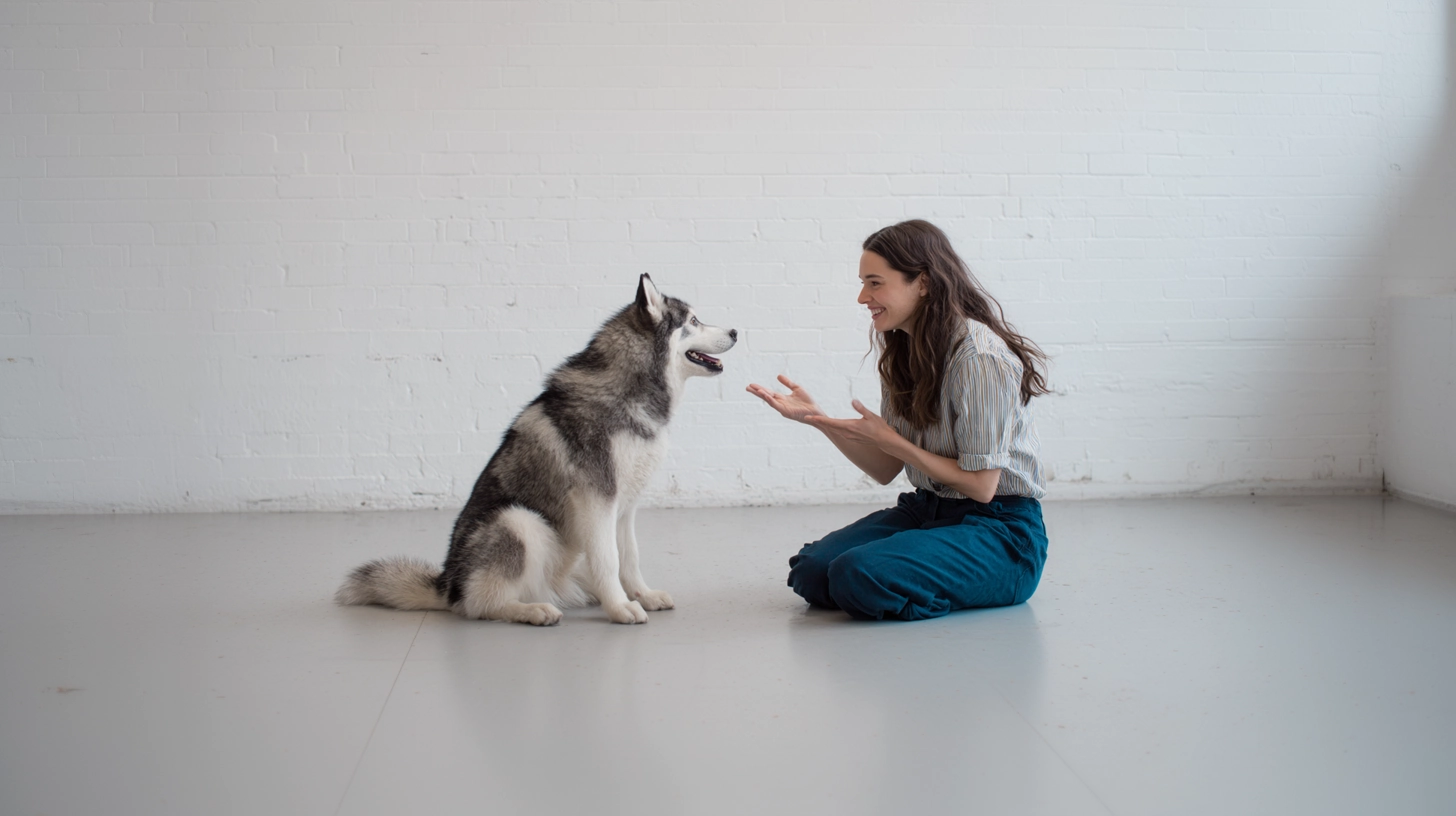 Une femme est assise par terre à l'intérieur, sourit et fait des signes de la main tout en dressant un Husky sibérien qui est assis devant elle. La scène évoque une communication calme, la confiance et le renforcement positif lors d'une séance de dressage de chiens.