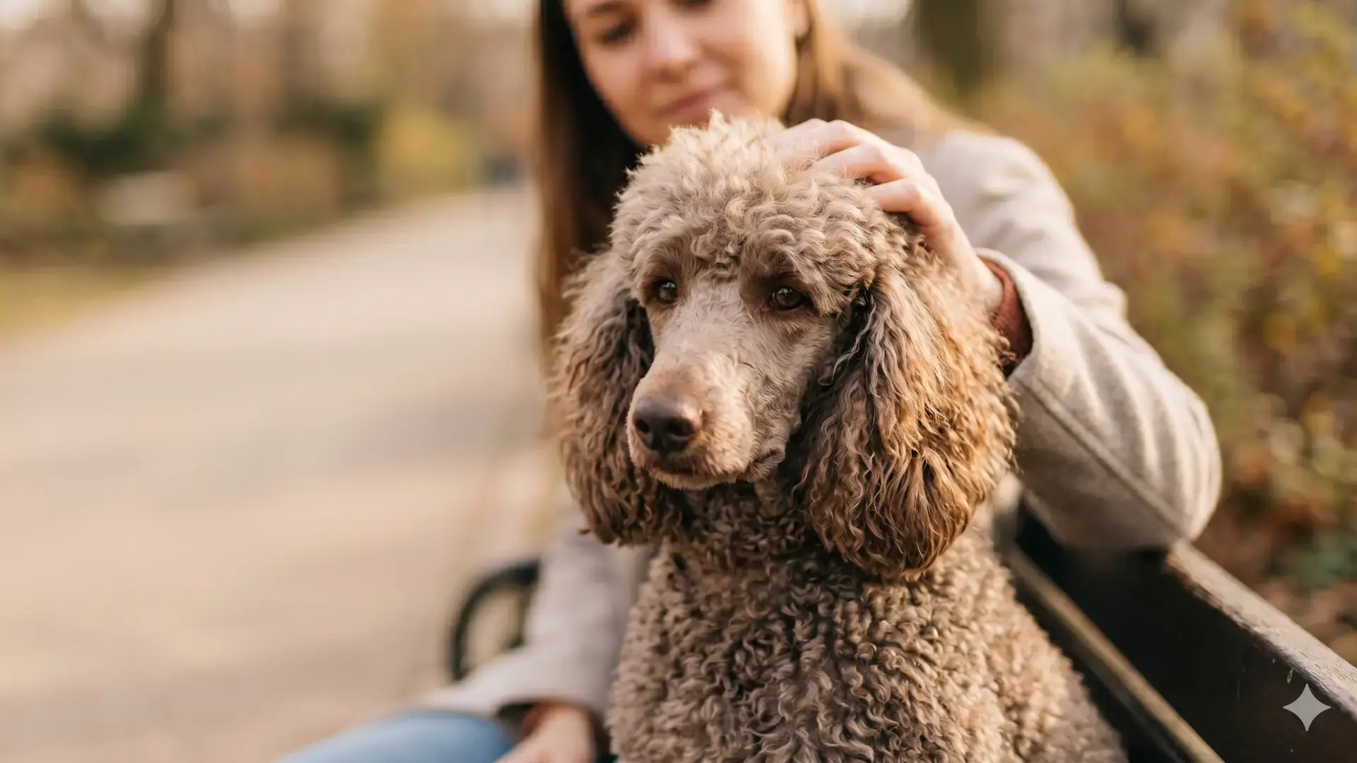 Woman petting standard poodle on bench