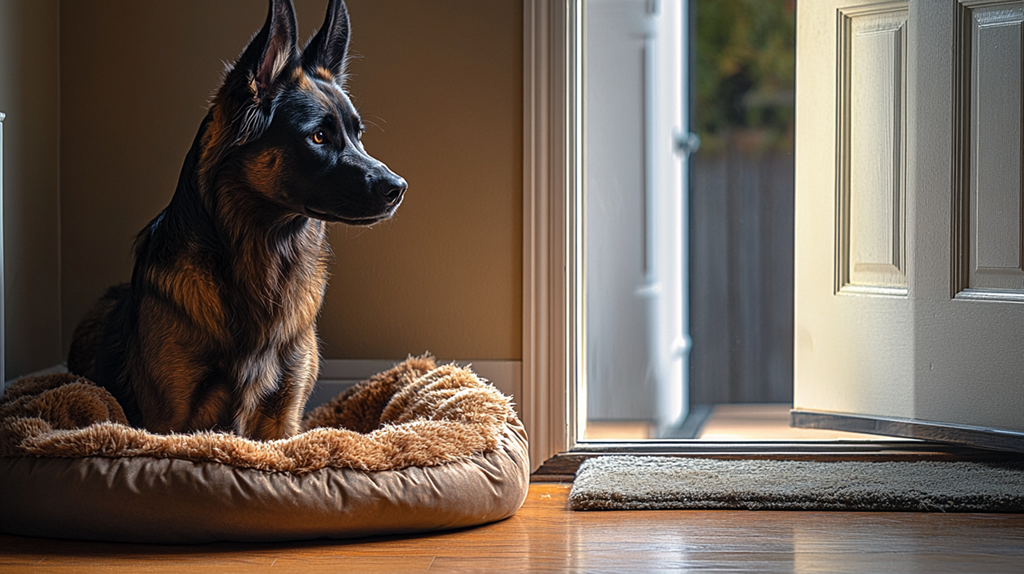  A German Shepherd rests in a dog bed near an open door, gazing outside with an alert yet calm expression.