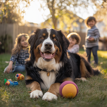 Ein großer Berner Sennenhund liegt im Gras, Spielzeug liegt in der Nähe, und er lächelt, während Kinder im Hintergrund spielen.
