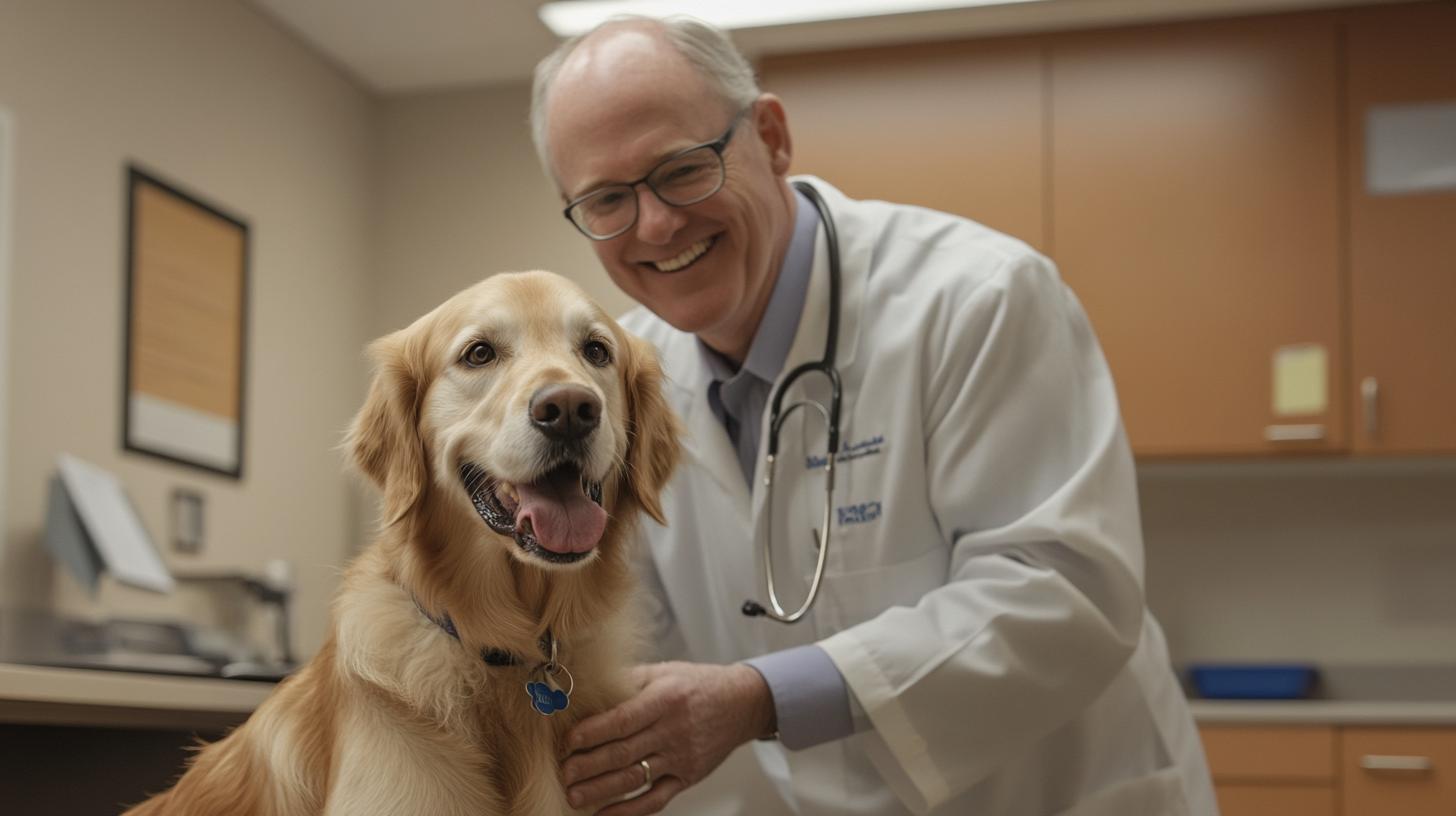 A smiling Golden Retriever sits on the exam table while a veterinarian in a white coat with a stethoscope gently examines the dog.