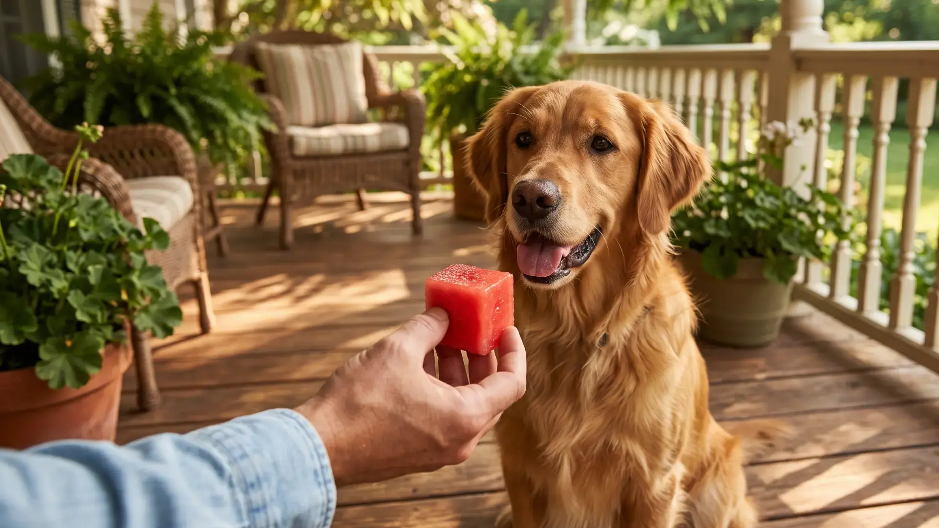 The red seedless watermelon cube to an eager dog