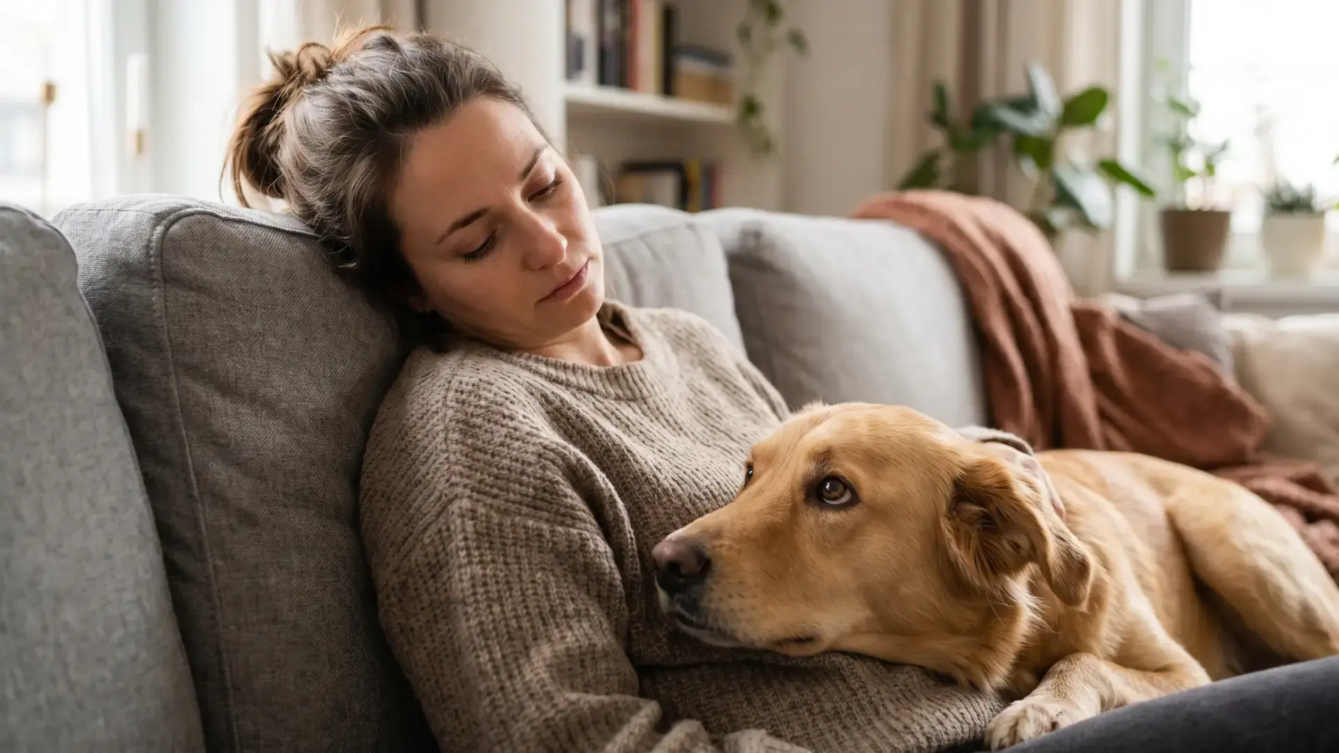 Tired owner resting with attentive dog