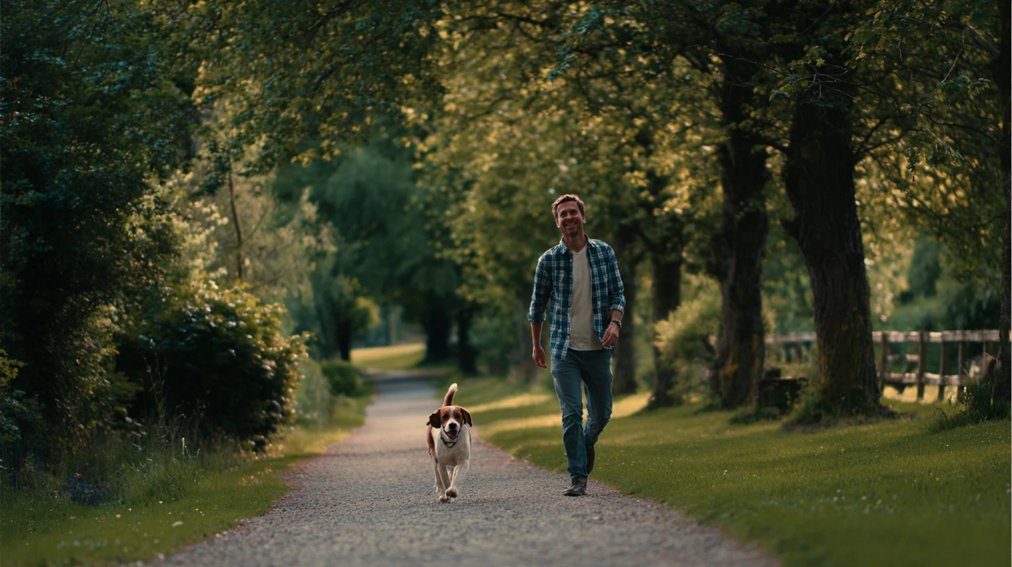 A man in a plaid shirt walks along a tree-lined path with his brown and white dog. The dog trots happily ahead while the man smiles, surrounded by lush greenery and soft afternoon light filtering through the leaves.