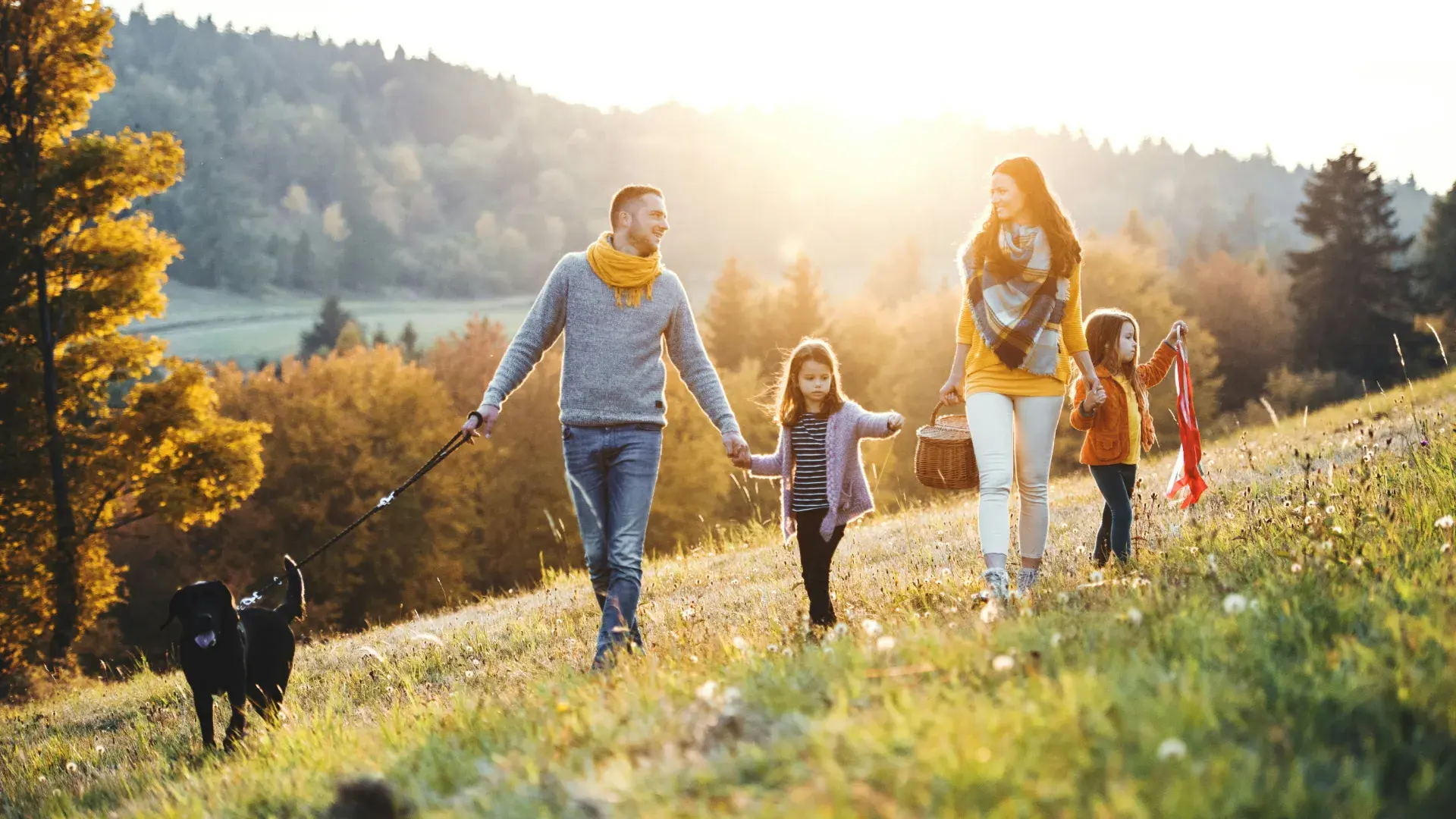A family of four with two young children walking their black dog through a scenic autumn meadow at sunset, highlighting active lifestyle dog breeds.