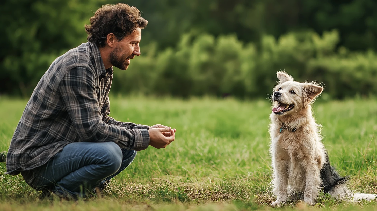 A man in a plaid shirt crouches on grass, holding treats and smiling at a fluffy, light brown and white dog sitting in front of him. The dog looks happy with ears perked and mouth open, surrounded by green grass and blurred trees in the background.