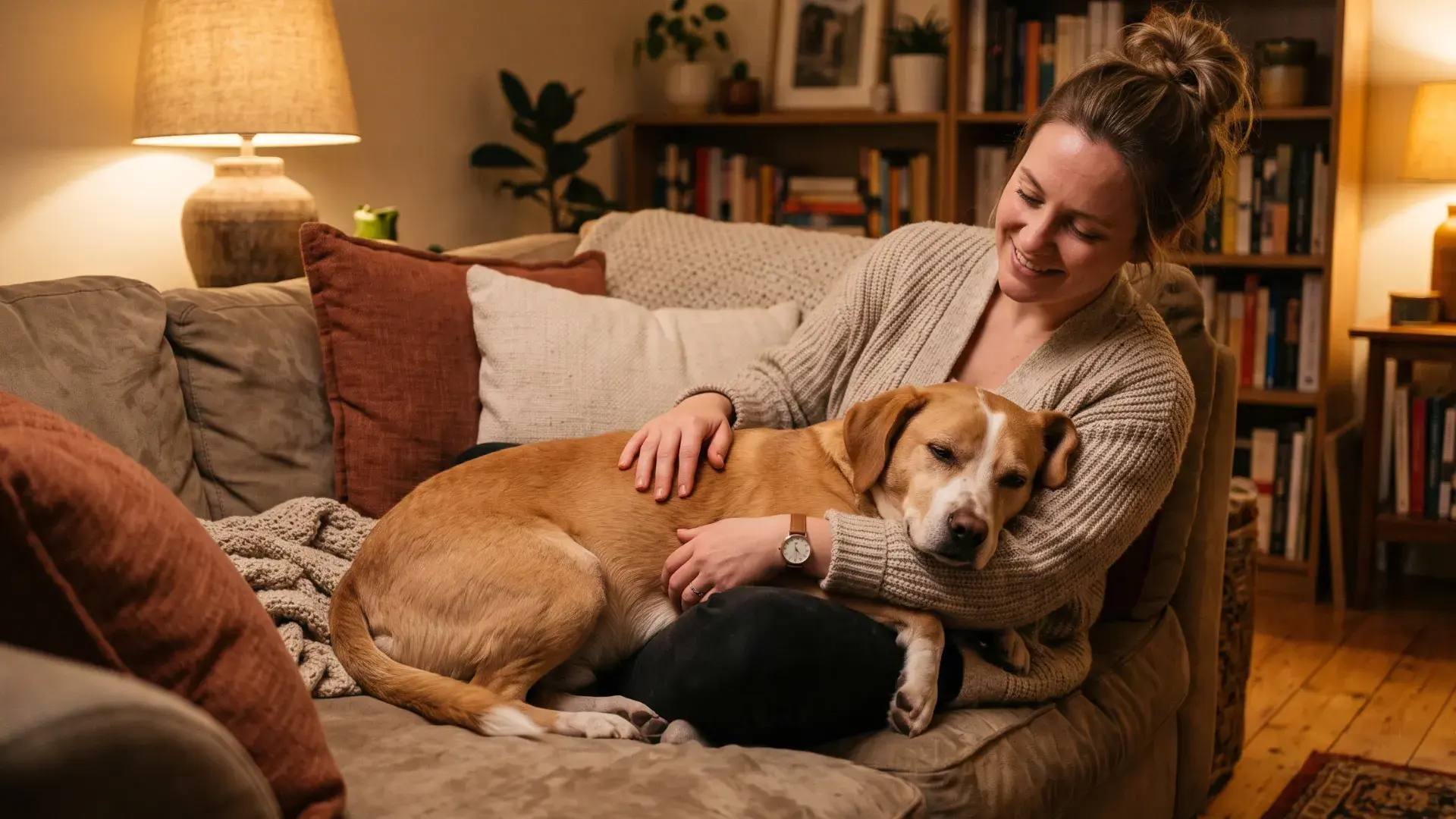 Owner cuddling calm dog on sofa