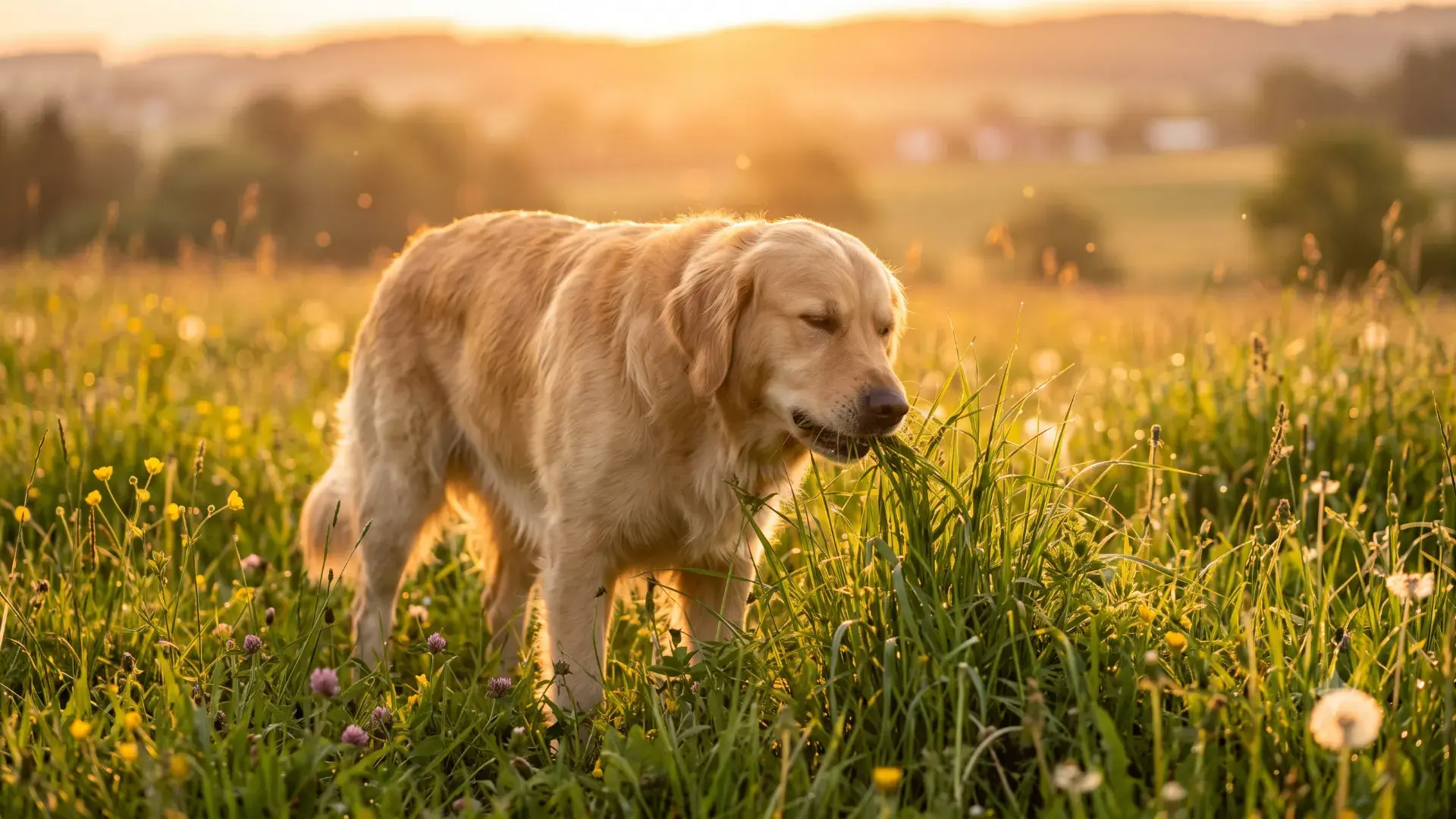 Dog grazing in sunlit meadow