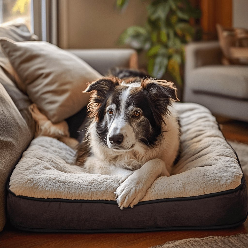 A black and white Border Collie lies comfortably on a soft, plush dog bed inside a living room with warm natural light