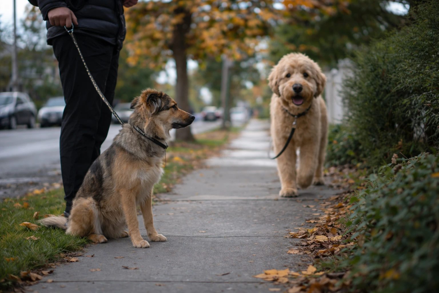 Dog on leash sitting beside owner on a suburban sidewalk, focused on an approaching dog during a calm fall walk