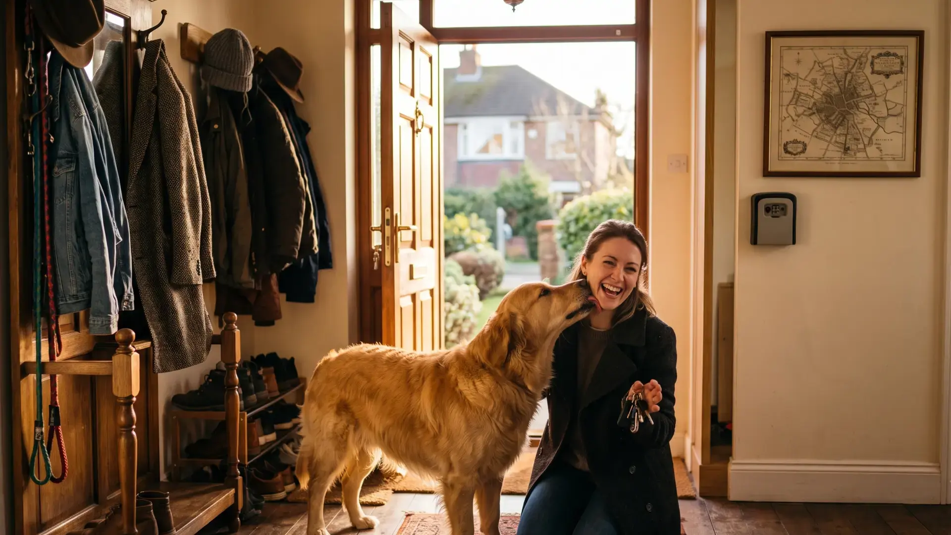 Dog licking owner's face at door