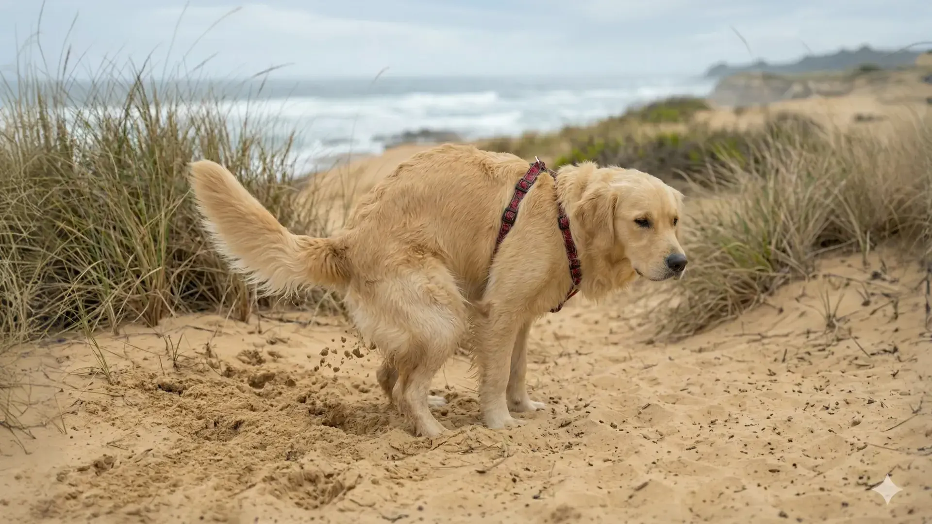 A golden retriever with a red harness is in a squatting position on a sandy beach, mimicking the posture of a dog about to poop. The dog has a neutral expression, looking slightly to the side against a background of coastal dunes and a cloudy sky.