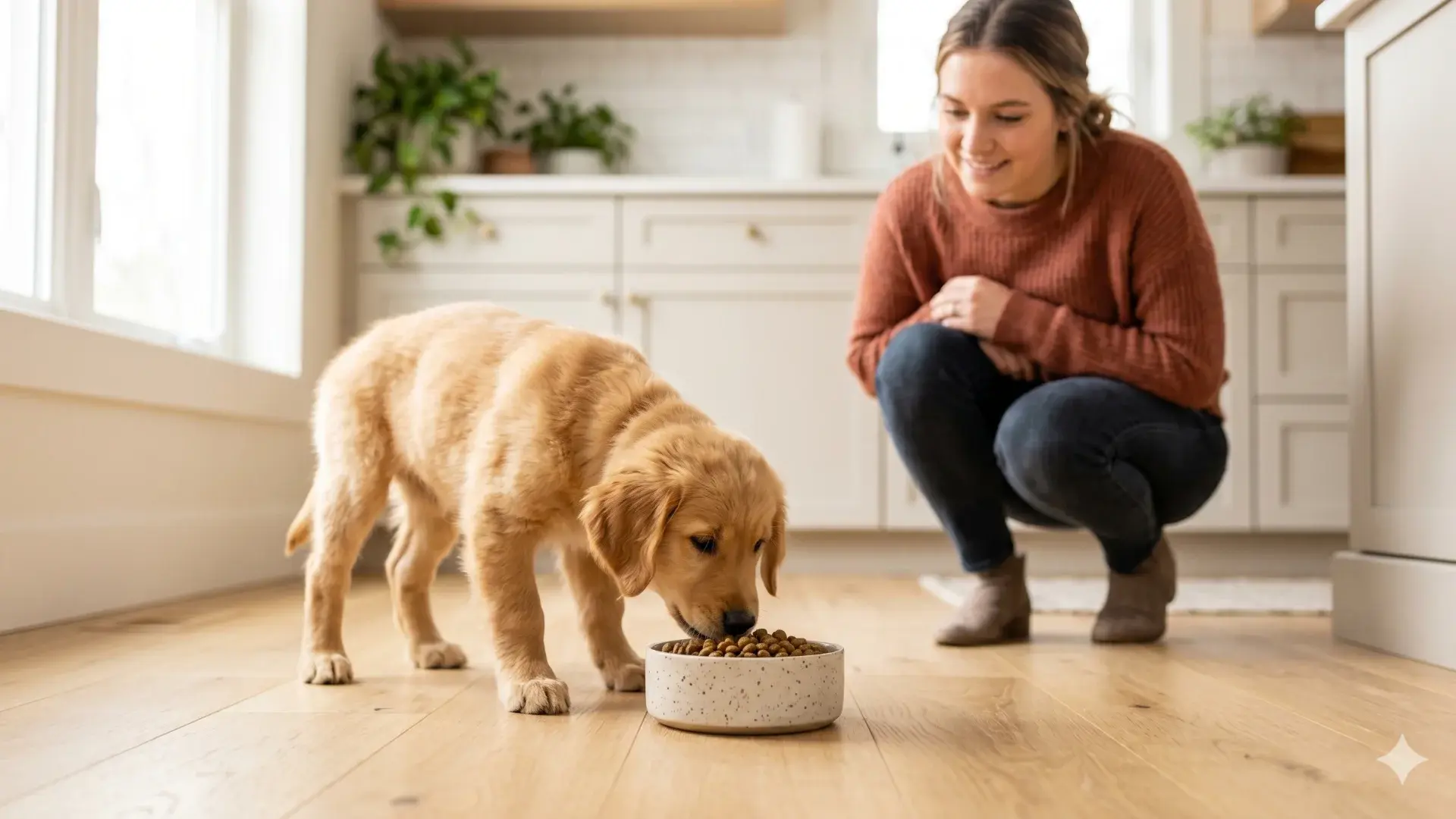 Golden retriever puppy eating from bowl