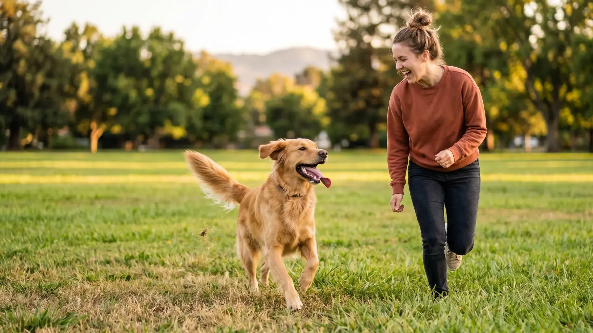 Woman running with happy dog outdoors
