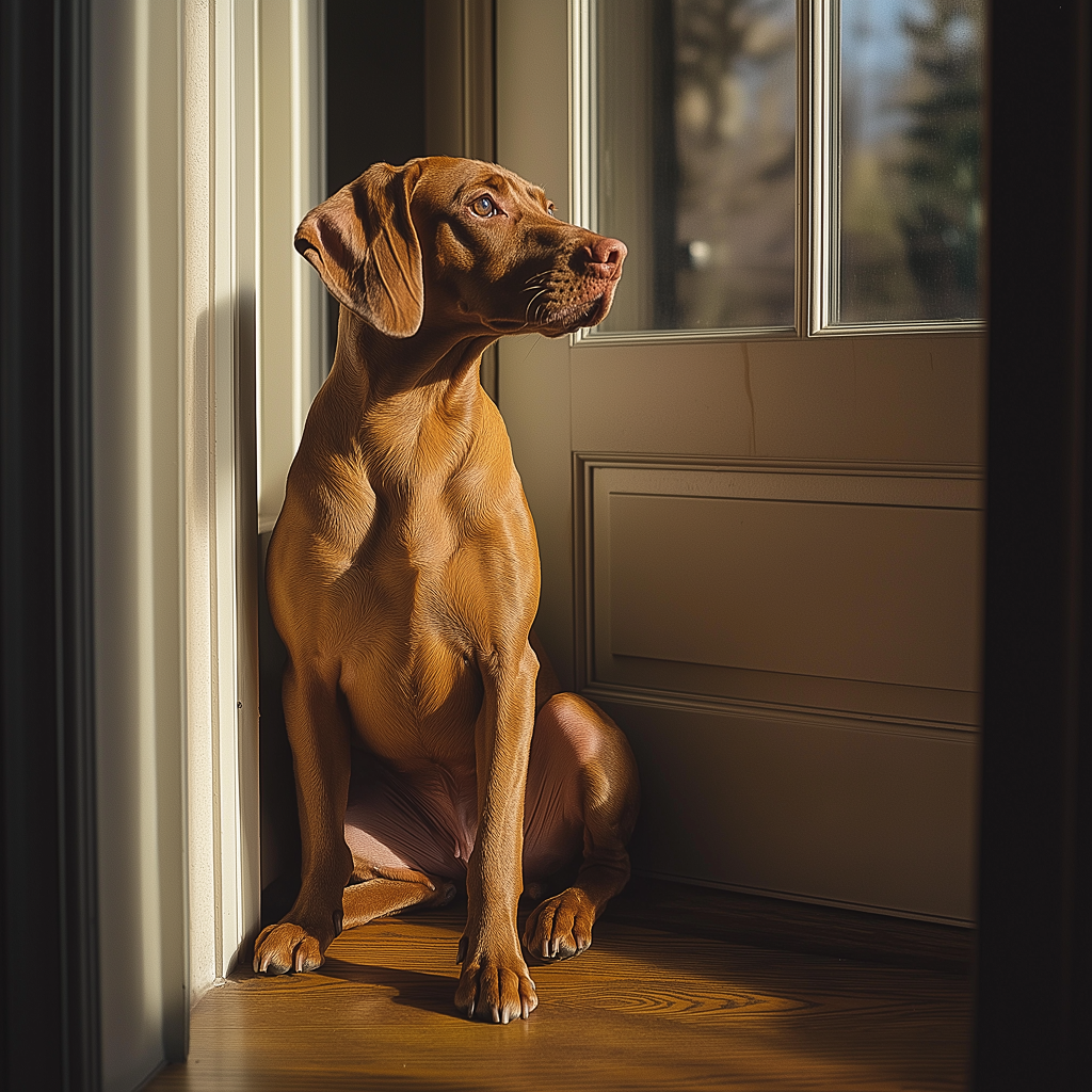 A brown dog sits quietly by a closed door, gazing outside with sunlight streaming in, appearing calm and thoughtful.