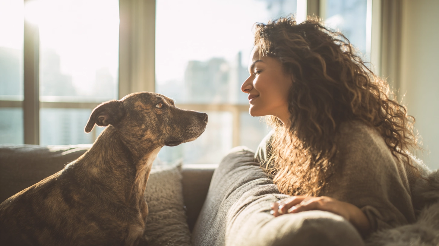 Woman leans toward her dog on the sofa with relaxed eye contact in morning sunlight, showing love and connection