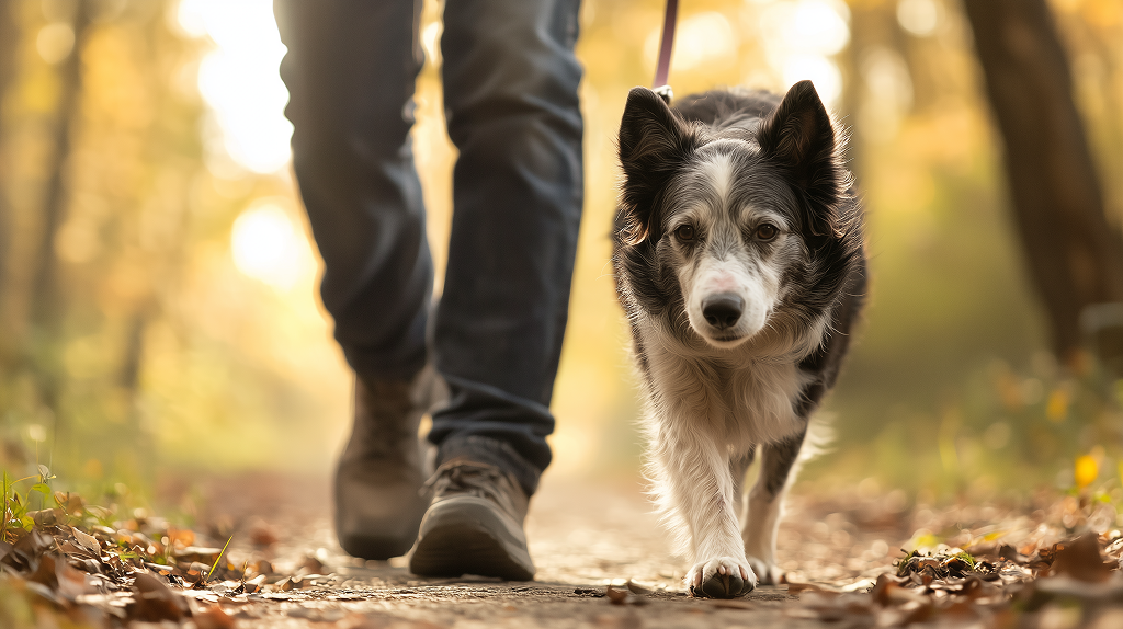 A Border Collie walks on a leash beside its owner through a sunlit autumn forest path, showing focus and calm behavior.