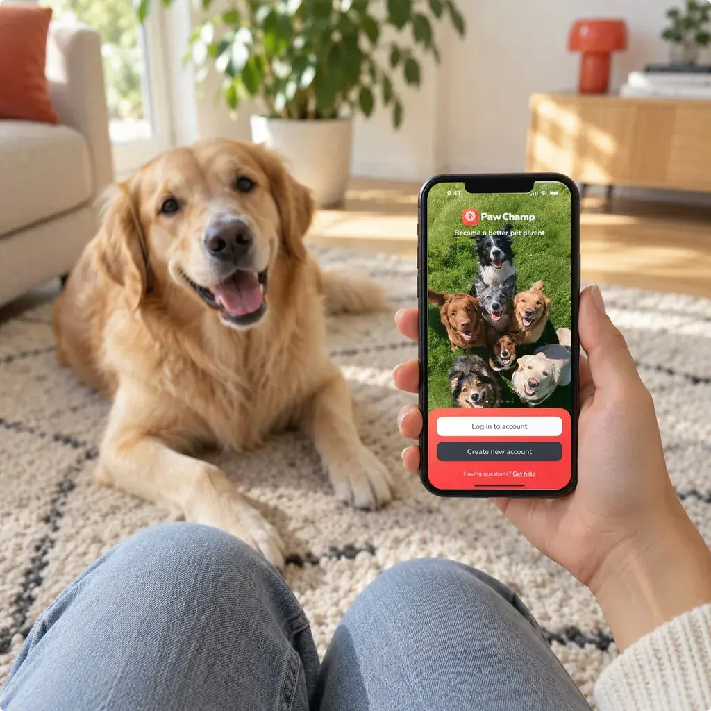 A dog owner practicing a training exercise with their dog using a smartphone displaying the PawChamp app.