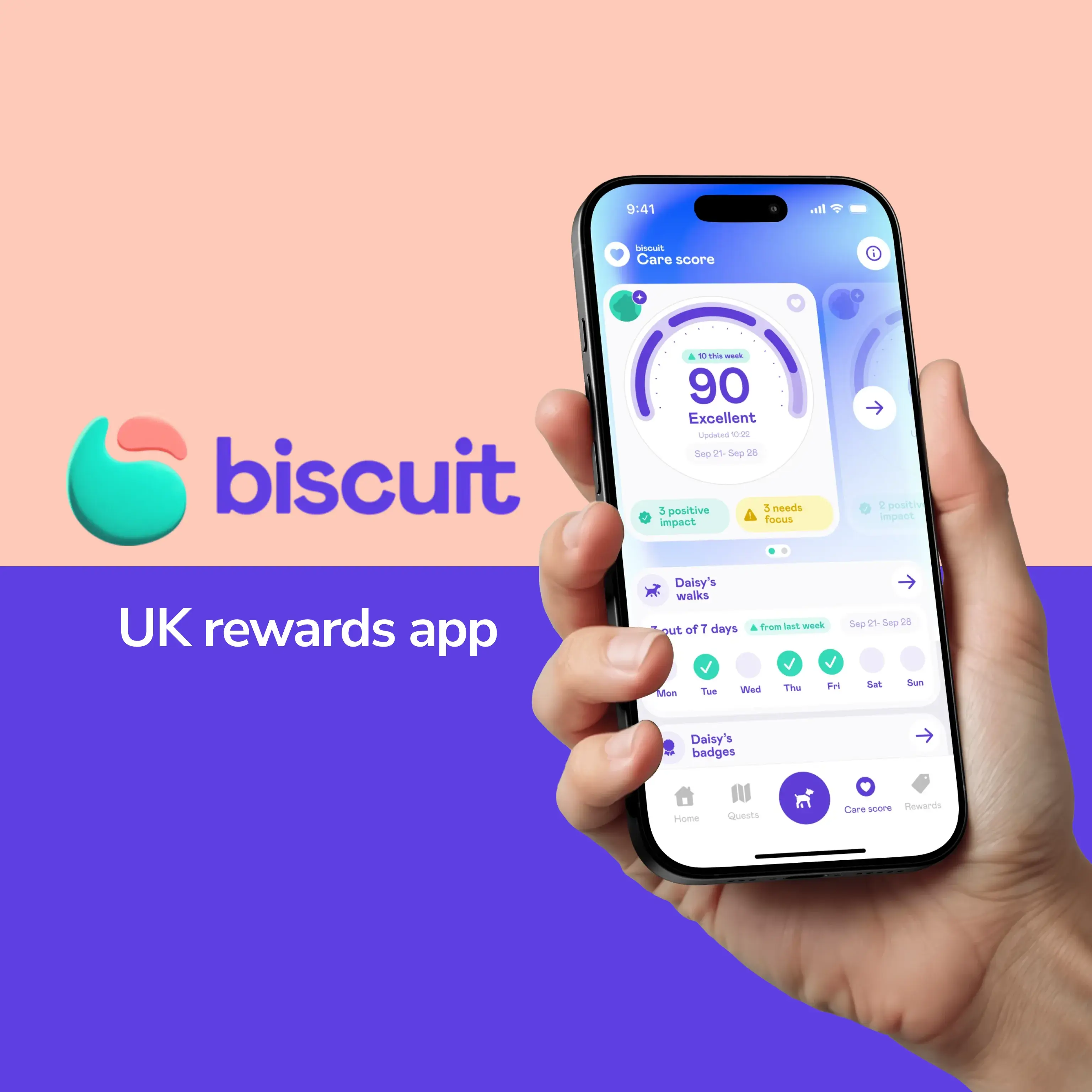 A dog owner walking their dog outdoors while checking a rewards app on their smartphone.